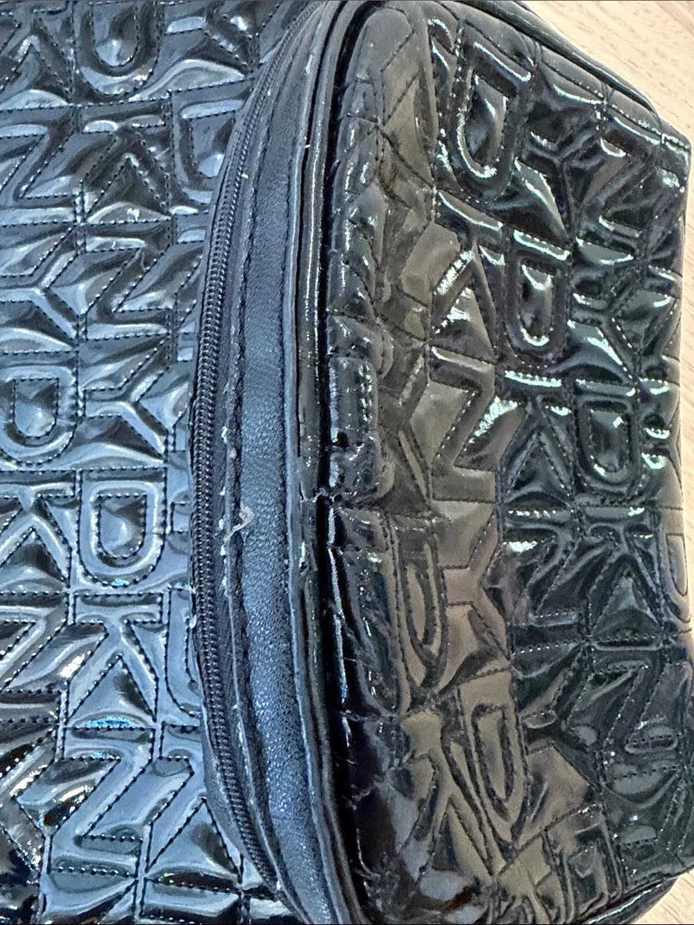 DKNY Black Patent Embossed Logo Cosmetic Bag Set
